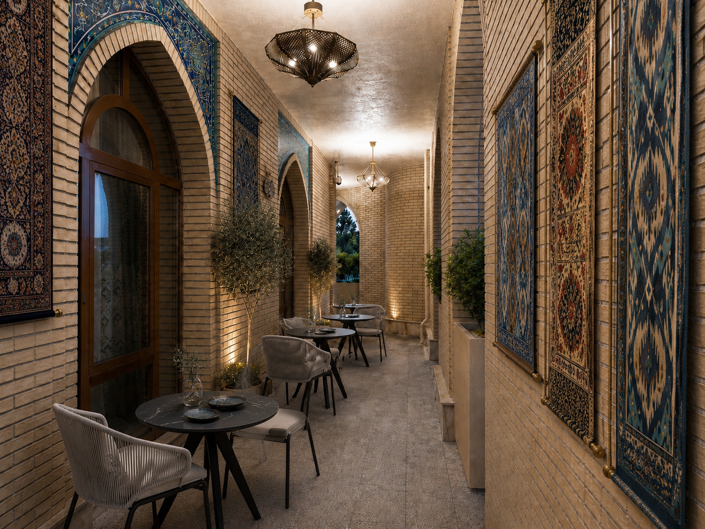 Concept visualization with Uzbek textiles and arched brickwork